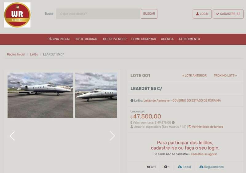 Learjet Leilão Governo de Roraima