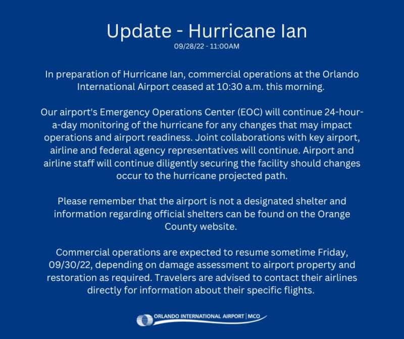 Aeroporto de Orlando Furacão Ian voos cancelados