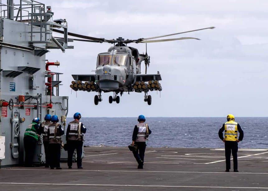 British Navy Leonardo AW159 Wildcat helicopter with 20 Martlet Sea Venom missiles