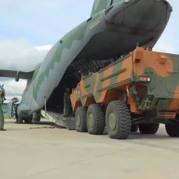 Brazilian Army Guarani tank is loaded onto the FAB KC-390 for the first time
