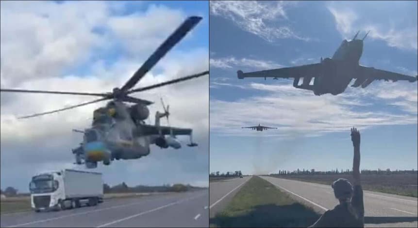 低空飛行中のウクライナからのMi-24とSu-25
