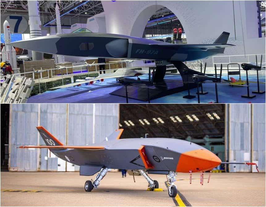 Drone chinês FH-97A (acima) e o Boeing MQ-28 Ghost Bat (abaixo), com o qual guarda semelhanças suficientes para ser chamado de cópia.