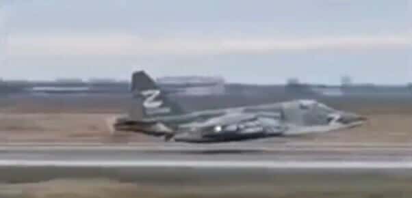 A Sukhoi Su-25 Frogfoot ground attack jet lands on its belly at a Russian air base. The letter Z, symbol of Russia, indicates that the aircraft was in the conflict with Ukraine.