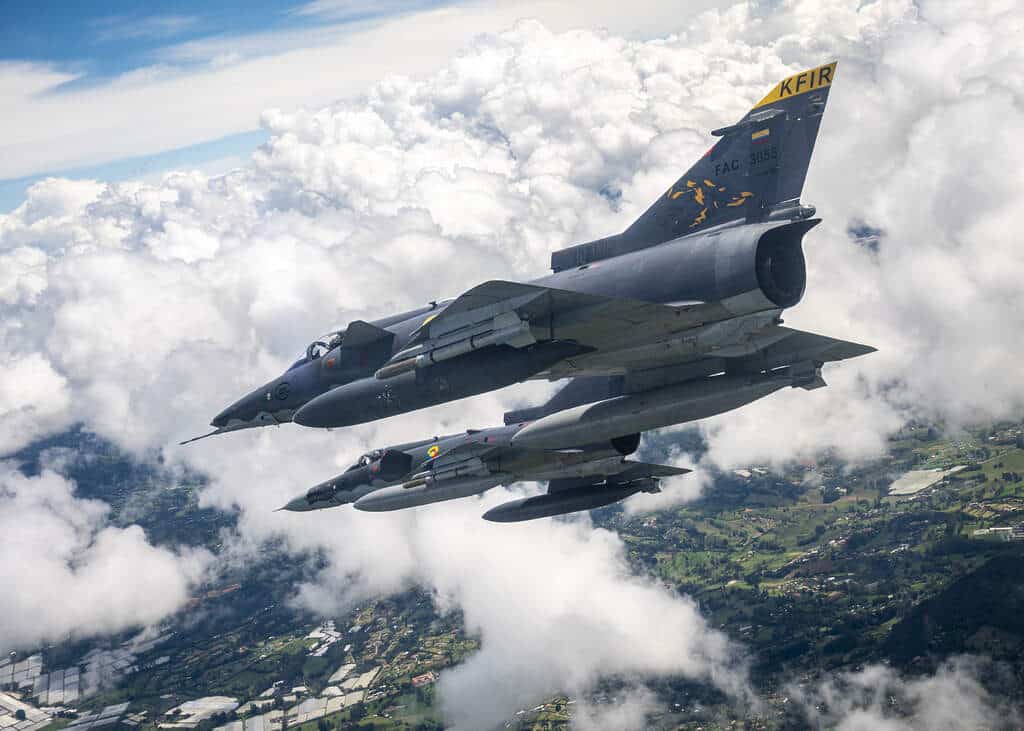 Colombian Air Force IAI Kfir fighters fly over the country during Exercise Relampago VI. Photo: Airman Duncan C. Bevan/USAF.
