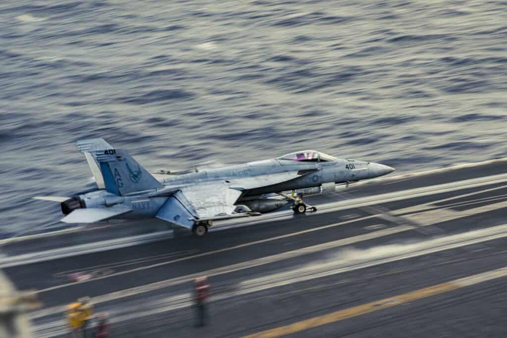 F/A-18E Super Hornet fighter of squadron VFA-136 being catapulted from the aircraft carrier USS George HW Bush. Photo: US Navy.