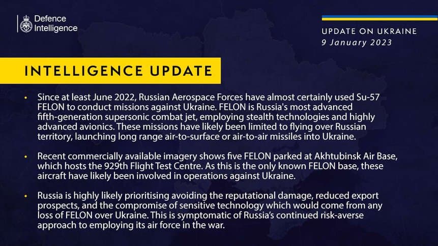 Relatório do Ministério da Defesa do Reino Unido diz que Rússia usa caças Su-57 na Ucrânia, mas  de dentro do seu próprio território. 