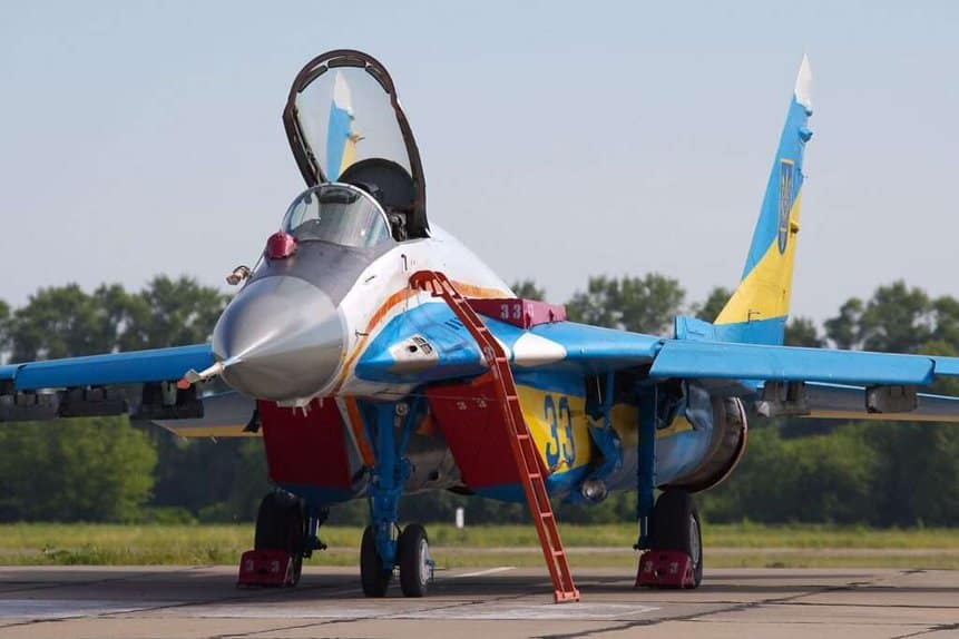 Ukrainian Air Force MiG-29 Fulcrum fighter in the colors of the Falcons aerobatic team, decommissioned in 2002. Photo: Oleg V. Belyakov - AirTeamImages (CC BY-SA 3.0)
