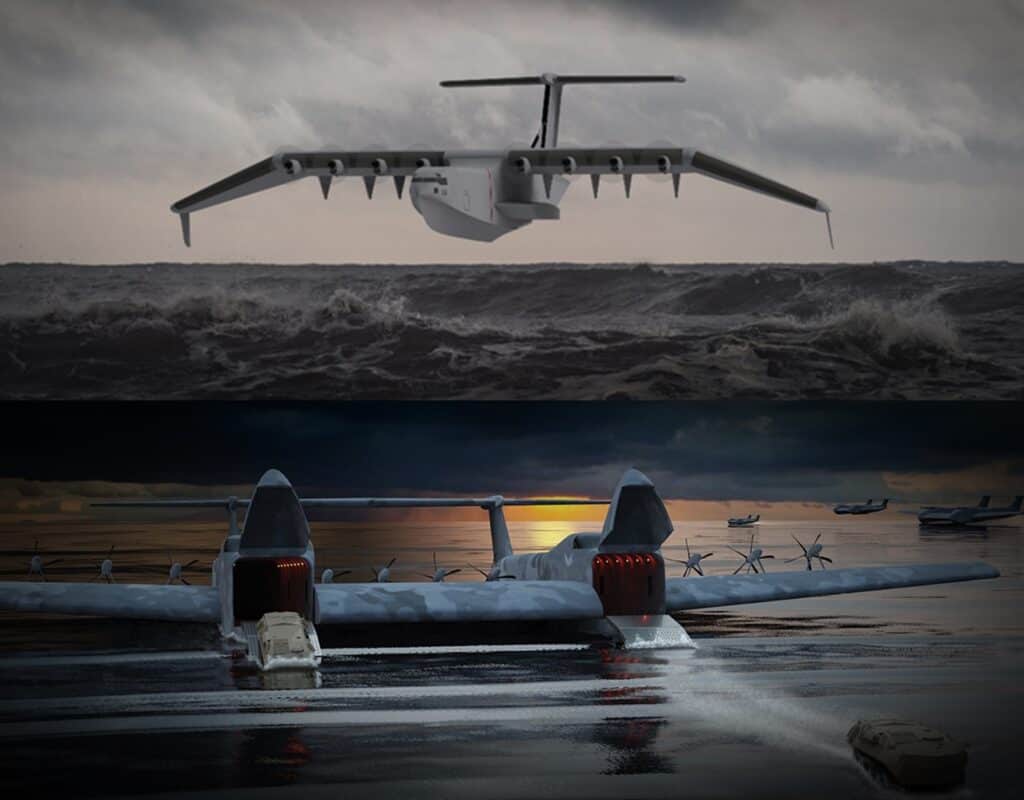 Programa LIberty Lifter dos EUA busca o desenvolvimento de hidroavião/ecranoplano de grande porte com as mesmas capacidades do C-17. Imagens: DARPA.