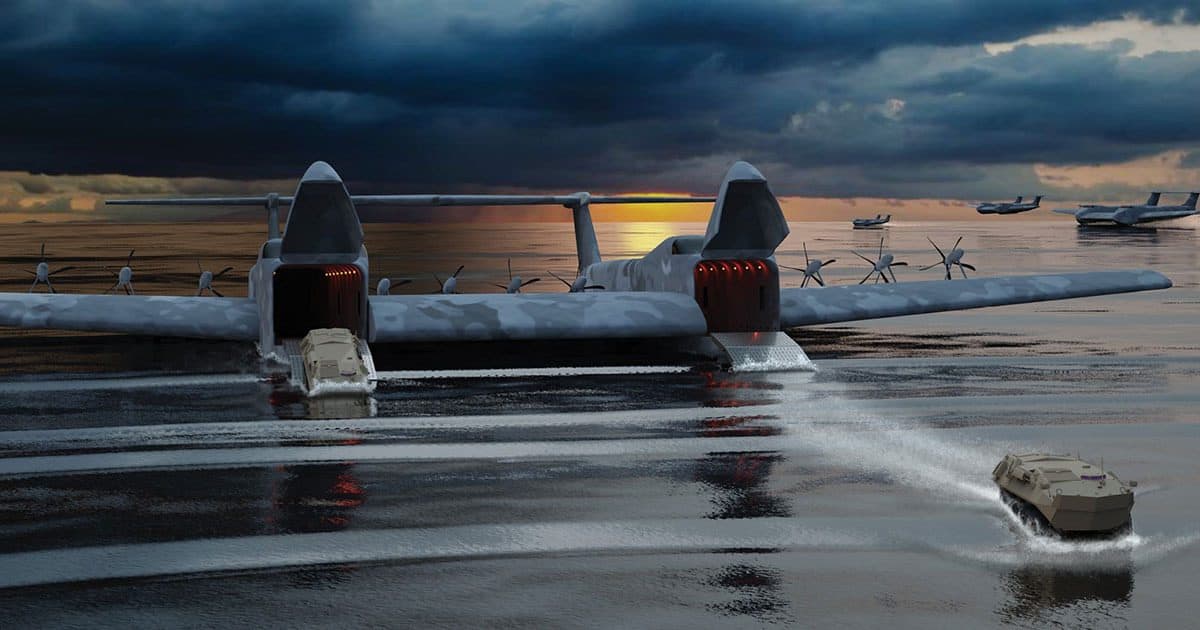 Conceito de ecranoplano hidroavião apresentado pela General Atomics é mais exótico, possui duas fuselagens e 12 motores. Imagem: DARPA.