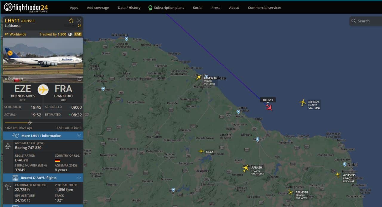 Um Boeing 747-8 está em direção ao aeroporto de Natal por conta de uma emergência médica