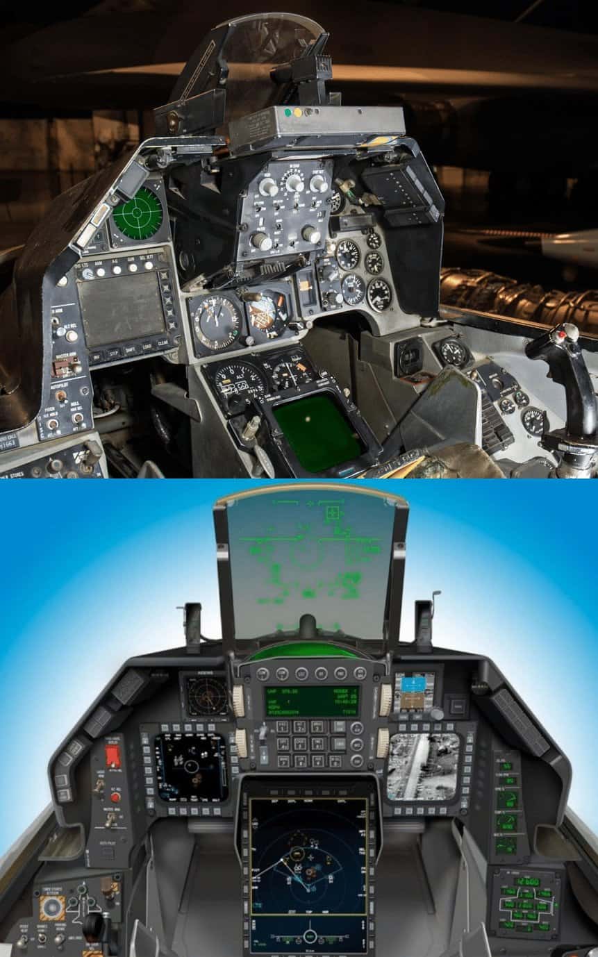 Cockpit dos caças F-16A (primeira versão) e F-16V Block 70.