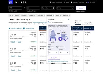 United Airlines cadeirantes filtro site