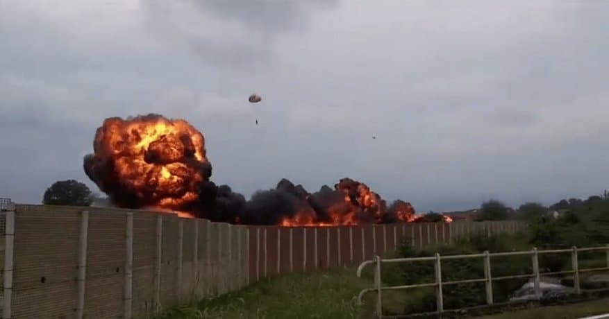 Image shows huge fireball after Frecce Tricolori MB-339 plane crash in Italy. Pilot ejected.