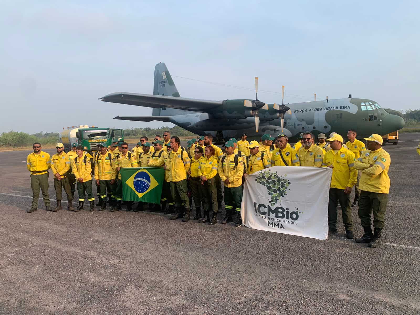 Cerca de 60 brigadistas foram levados ao Amazonas em C-130 Hércules da FAB. Foto: FAB/Divulgação.