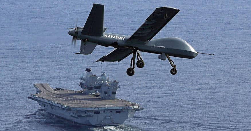 Drone GA-ASI Mojave fez pousos e decolagens no porta-aviões Prince of Wales da Marinha Real Britânica. Foto: GA-ASI.