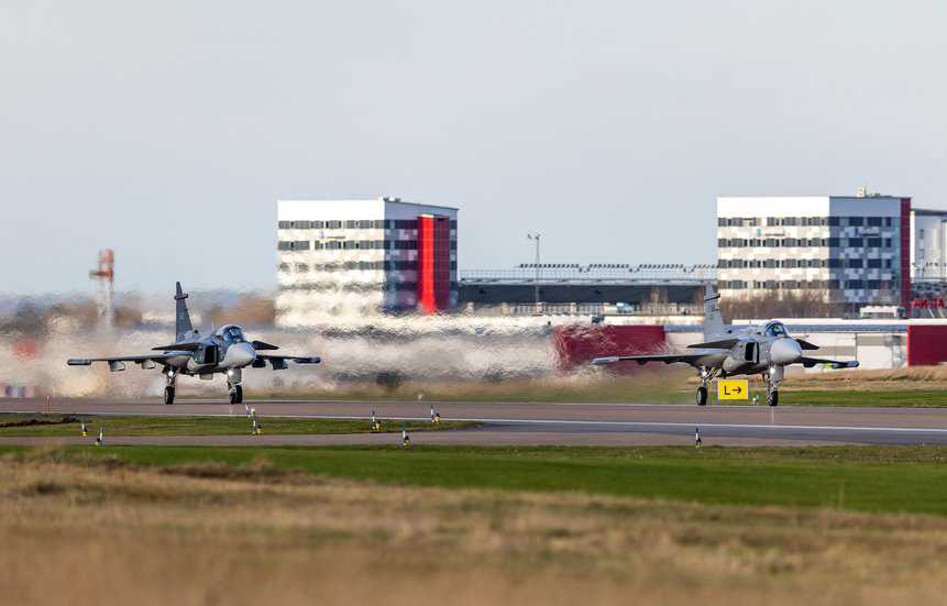 Saab Gripen fighter jets from Sweden and Brazil take off. Saab/Disclosure.
