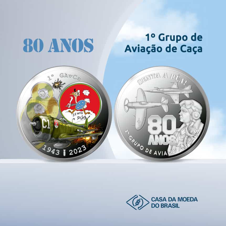 Casa da Moeda lança nesta segunda-feira (18) moeda comemorativa dos 80 anos do 1º Grupo de Aviação de Caça da FAB, o Senta a Púa. Imagem: Casa da Moeda/Divulgação.