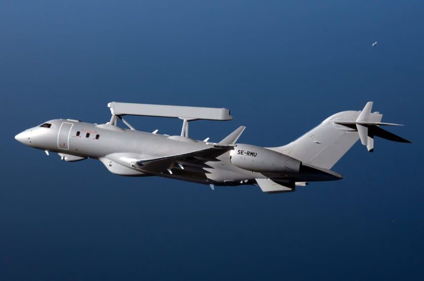 Avião-radar Saab GlobalEye, baseado no jato executivo Bombardier Global 6000. Saab/Divulgação.