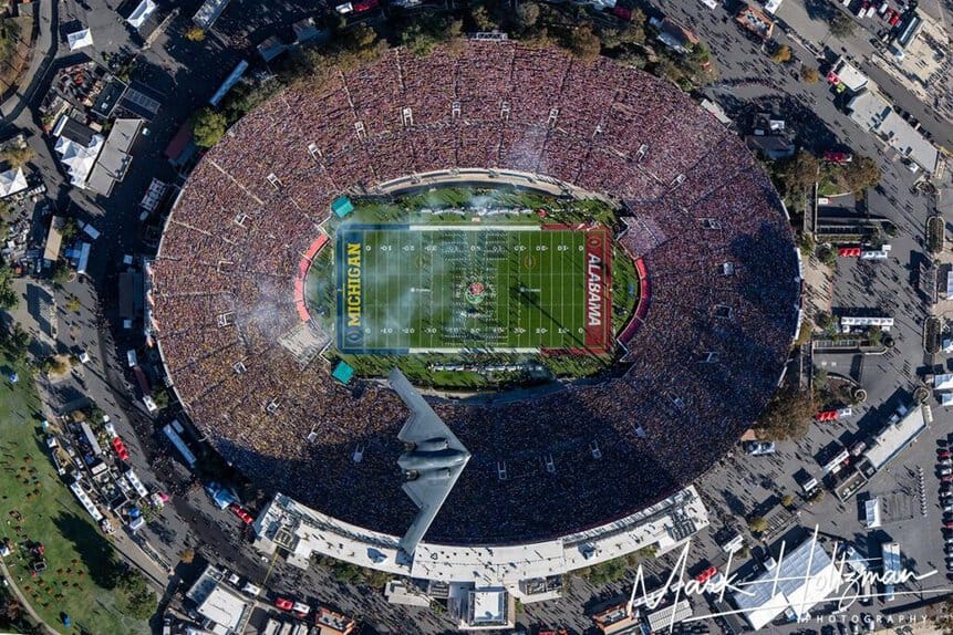 B-2 stealth bomber flew over the Rose Bowl stadium. Photo: Mark Holtzman/West Coast Aerial Photography.