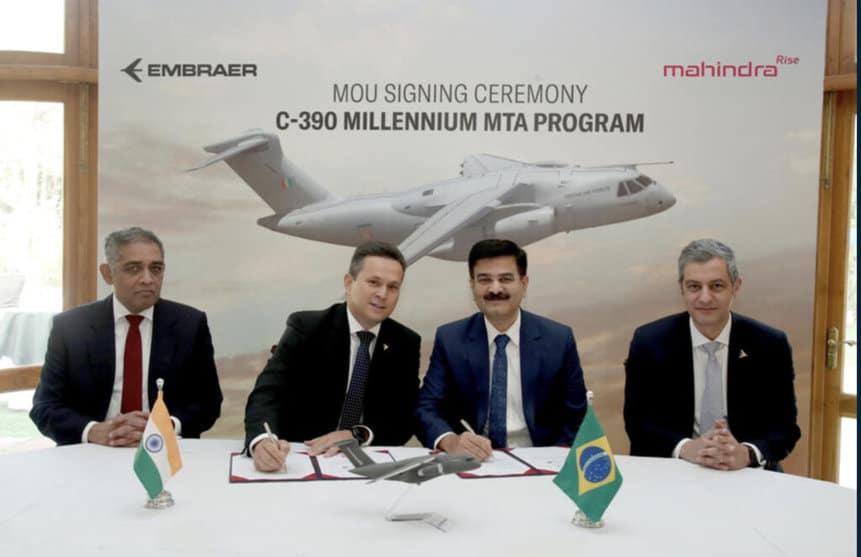 Embraer y Mahindra anuncian colaboración en el avión de transporte medio C-390 Millennium en India. Imagen: Embraer