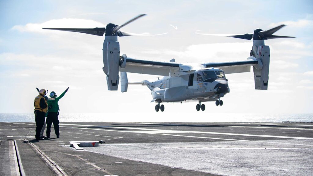 United States Navy CMV-22B Osprey landing on the nuclear aircraft carrier USS Carl Vinson. Photo: Aaron T. Smith/US Navy.
