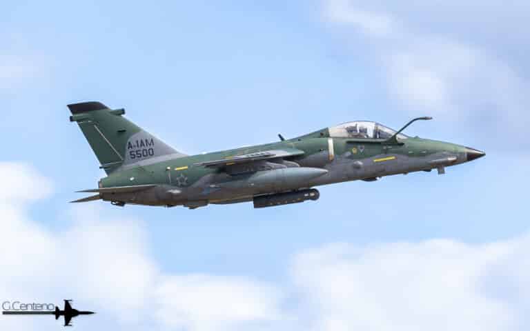 Brazilian Air Force A-1 AMX fighter bomber with a LITENING pod. Equipment is used for identifying and tracking targets and guiding precision weapons. Photo: Gabriel Centeno.