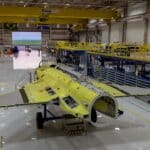 First of 15 Saab Gripen fighters that will be assembled in Brazil is seen on the Embraer production line. Photo: Saab/Disclosure.